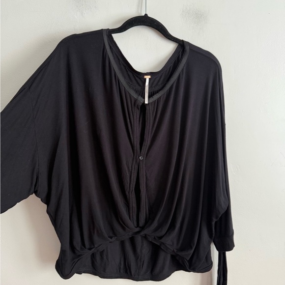 Free People Top Women Small Black Wrap Blouse Button Up Boho Sleeve Ties - Picture 5 of 7